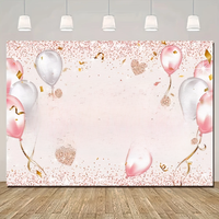 Happy birthday background, pink and rose gold party decorations, holiday studio background for women and girls