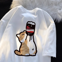 Chinoiserie style funny summer retro trend cartoon kitten print T-shirt, men and women loose design lovers casual short sleeved