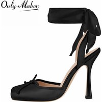 Onlymaker Women Square Toe Bow Ballet Heels Stiletto Heels Lace Up High Heel Slingback Strappy Elegant Party Sandals