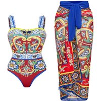 2 Pieces Retro Printed Swimsuit With Cover Up Sexy Women Swimwear 2025 V Neck Bikinis Female Biquini 3XL Bodysuit Beachwear