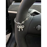 1Pc Shiny Rhinestone Bow Cross Silver Chain Car Steering Wheel Pendant Luxury Crystal Women Auto Interior Decor