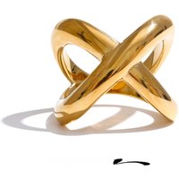 Yhpup 6789# PVD Plated Statement Stainless Steel X-Shape Geometric Finger Ring Waterproof Smooth Metal Handmade Polished Jewelry