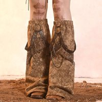 Vintage Leg Covers Desert Wasteland World Leggings Women PU Punk Chain Leg Socks Y2K Leg Warmers Harajuku Long Calf Socks
