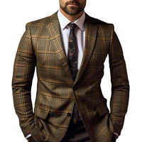 Men Suit Coat Formal Business Style Slim Fit Plaid Print Long Sleeve Single Button Closure Mid Length Straight Cardigan Work Coa