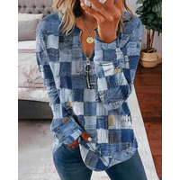 Denim Look Print Zip Detail Long Sleeve Top Women Fashion Casual T Shirt