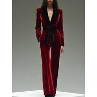 Ladies Fashion V Neck Contrast Splicing Jumpsuit, Lapel Collar with Waist Belt Slimming Elegant Simple Daily Office Commute Back