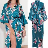 Large Size 3XL Flower Kimono Bathrobe Gown Women Long Robe Nightgown Print Peacock Satin Sleepwear Home Dress Loose Loungewear