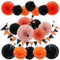 Black Paper Pom Poms Flowers Fan Ball Triangle Streamer for Wedding Baby Shower Happy Birthday Party Halloween Party Decoration