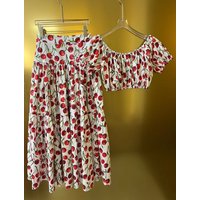 Luxury Designer Summer Women Cherry Print 2 Piece Set High Quality Cotton Off-Shoulder Top & Maxi Skirt Fashion Vacation Outfit
