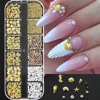 12Grids/box Shells And Starfish Steel Beads Nail Charms Summer Ocean Series Rivets Nail Accessories Metal Nail Studs Nail Decor