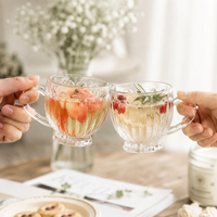 2/6pcs 195ml Vintage Embossed Glass Coffee Cups, Soda-Lime Glass Mugs with Beaded Handle