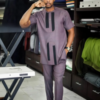 New In Summer Men's Full Suit African Ethnic Kaftan Casual Style 2pcs Set Long Sleeve Top Pants Gentleman Native Elegant Outfits