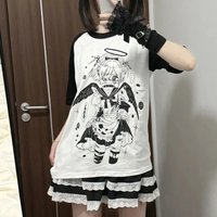 Summer Black White Short Sleeve T-shirt Subculture Y2k Japanese Loose Top Patchwork Kawaii Harajuku Anime Women Casual Tees