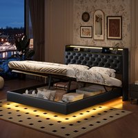 Storage Bed 140X200Cm, Floating Bed Upholstered Double Bed Black Pu, Hydraulic Bed Frame with Storage Box, Storage Headboard and Slatted Frame, Functional Bed for Bedroom, Youth Room, Guest Room,