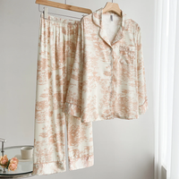 Beige Print Long Sleeve Pijamas Suit Women Sleepwear Pajamas Set Trouser Spring Autumn Silk Satin Home Clothes Lounge Wear
