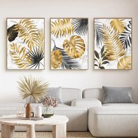 Affiche de feuille de Monstera tropicale dorée abstraite sans cadre, images de nature morte, peinture sur toile pour décoration murale de salon et de maison, 3 pièces