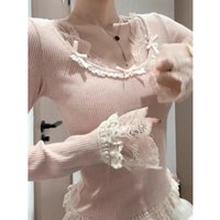 Lace T Shirt For Women Plaid Y2k Long Sleeve Tees Bow Solid Top Slim Spring Tshirt Female Korean Fashion Knitted Clothes 2025