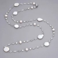 GG 42" Cultured White Keshi Pearl White Gold Plated Cz Pave Chain Long Necklace For Women