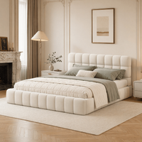 Elegant Design Queen Size Upholstered Platform Bed with Thick Fabric Headboard, Linen Fabric Grounded Bed with Solid Wood Frame for Bedroom Guest Room Office (beige)