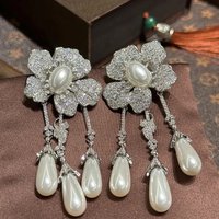 Women Exaggerated Flowers Diamonds Pearls Earrings