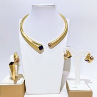 Yulaili Gold Plated Matte Two Tone Stone Geometric Choker Jewelry Set 4PCS Dubai African Bridal Wedding Necklace Earrings Bracel