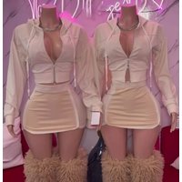 HLJ Spring New Casual 2 Piece Sets Woman Outfit Solid Zip Drawstring Crop Jacket and Bodycon Skirts Female Streetwear Clothing