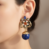 Vintage Inspired Lapis Lazuli Drop Earrings with Pearl & Colorful Crystal Accents - Bohemian Gold Tone Statement Jewelry