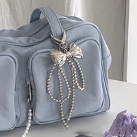 Y2K Korean Cute Beaded Pearl Bowknot Keychain for Women Girls Metal Bow Pendant Bag Decoration Accessories
