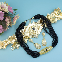 Sunspicems Gold Color Arabic Bridal Jewelry Sets Moroccan Caftan Waist Chain Belt Bead Chain Necklace Earring Set Algeria Bijoux
