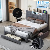 Upholstered Double Bed with LED Lighting, 4ft6 double bed 135×190cm, Bed Frame, With 4 drawers, Storage Headboard, Velvet, Grey (No Mattress)