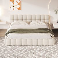Single Bed Frame 90x190 cm, Single Bed, Bed Frame, Kids Bed, Beige, Linen, with Padded Trim and Slatted Base – No Mattress