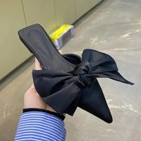 Oversize Bowtie Mule Shoes Slides Women Pointed Toe Stripe Wave Slip-on Sandals Ladies Luxury Satin Silk Outdoor Flat Slippers