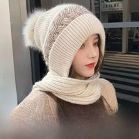 AliExpress NONE Hat Scarf All-in-one Female Winter Warm Rabbit Hair Knitted Cap Cycling Ear Protection Padded Cute Cold-proof Neck Cap
