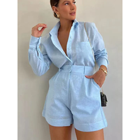 Women Summer Shorts Sets Long Sleeve Blouses with Short Pants 2 Pieces Set Lightweight Shirts Tracksuit Casual Loose Outfits