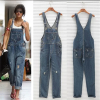 Casual Streetwear Hole Denim Jumpsuits Women 2024 Loose Suspenders Pocket Long Pants Waistline Straight Jeans Rompers