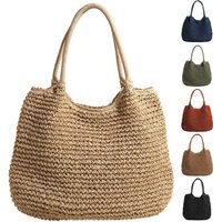 Women Straw Tote Handbag Large Capacity Vintage Shoulder Bag Solid Color Crochet Beach Handbag Ladies Summer Daily Bag