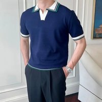 Vintage Contrast Color Knit Polo Shirts Mens Summer Fashion Slim Fit Short Sleeve Knitted Tops Men Stylish Patchwork Lapel Shirt