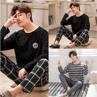Summer Men's Pyjamas 2024 New Long-Sleeved Large Size Youth Home Wear Suit Black Plaid Trousers Two-Piece Set Can Be Worn Outsid