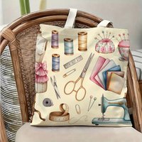 1 Piece Sewing Tool Canvas Shoulder Bag with Artistic Patterns, Lightweight Foldable Tote Bag with Fixed Shoulder Strap, Reusable Shopping Bag, Perfect Gift for Commuting, Travel, Shopping, School,