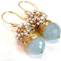 Aquamarine earrings with big faceted aquamarine and silver pearls earrings