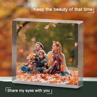 A custom acrylic desktop decoration with personalized photo options, including artistic images, couple portraits, and family pho