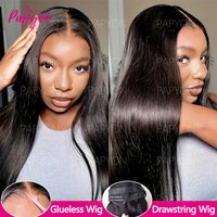 26-28 Zoll gerade 6x4 Glueless Perücken mit Kordelzug aus Echthaar, sofort tragbar, brasilianische, vorgezupfte, vorgeschnittene Lace Closure Frontal Perücken für Damen, Perruque, Lieferung in 3 Tagen