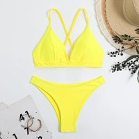 2026 V Neck Two Piece Solid Bikini Back String Women Swimwear Female Swimsuit Bathers Bathing Swimming Suit Beachwear Summer
