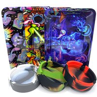 Silicone Soft Round Ashtray Ash Tray Cigarette Holder Smoking Accessories Herb Tinplate Plate with Rolling Tray 180X125MM Combo