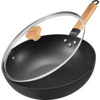 Inductions Wok with Lid, Non-Stick Wok Pan 30cm, Stir-Fry Pan with Wooden Handle, Easy Cleanup & Ovensafe, for All Hobs