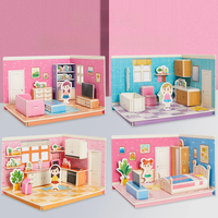 4Pcs/Set Children Handmade DIY Room Model Puzzle Kitchen Bedroom Living Room Bathroom 3D Stereo Cardboard Jigsaw Puzzle