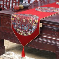 Chinese Traditional Satin Table Runner Floral Dragon Phoenix Pattern Luxury Wedding Decor Tassel Lace Table Cover Centerpiece