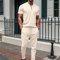 2025 Men's new waffle collar small zipper solid color polo shirt top men's T-shirt short sleeve trousers two sets