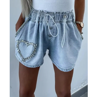 Y2K 2023 Summer New Casual Fashion Cargo Shorts Temperament Commuting Rhinestone Heart Pattern Drawstring Trending Denim Shorts