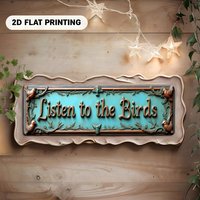 2D Flat, Vintage Turquoise Green & Golden Ornate "Listen to the Birds" Metal Wall Decor Sign